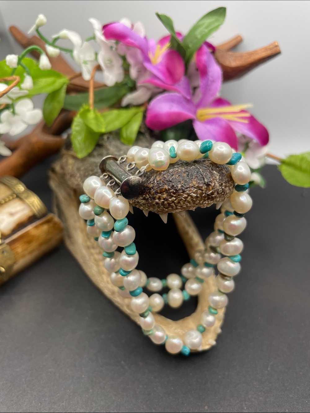 PPC 925 freshwater pearl and turquoise 3 stranded bracelet
